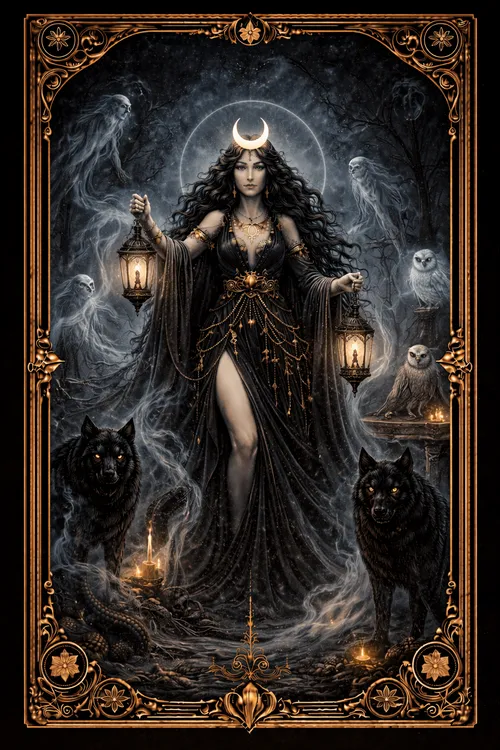 Lâmina do oráculo — Hékate com lua crescente, lanternas, lobos e corujas na escuridão