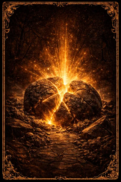 Lâmina do oráculo — pedras se partindo com luz dourada explodindo para cima